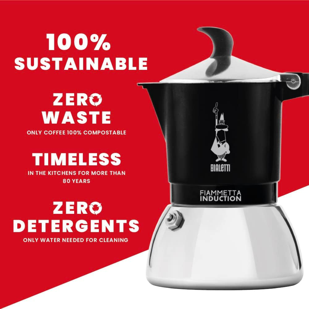 Aparat de cafea cu inducție Bialetti Fiammetta, 2 căni (100 ml), potrivit pentru toate tipurile de plite, design elegant, negru