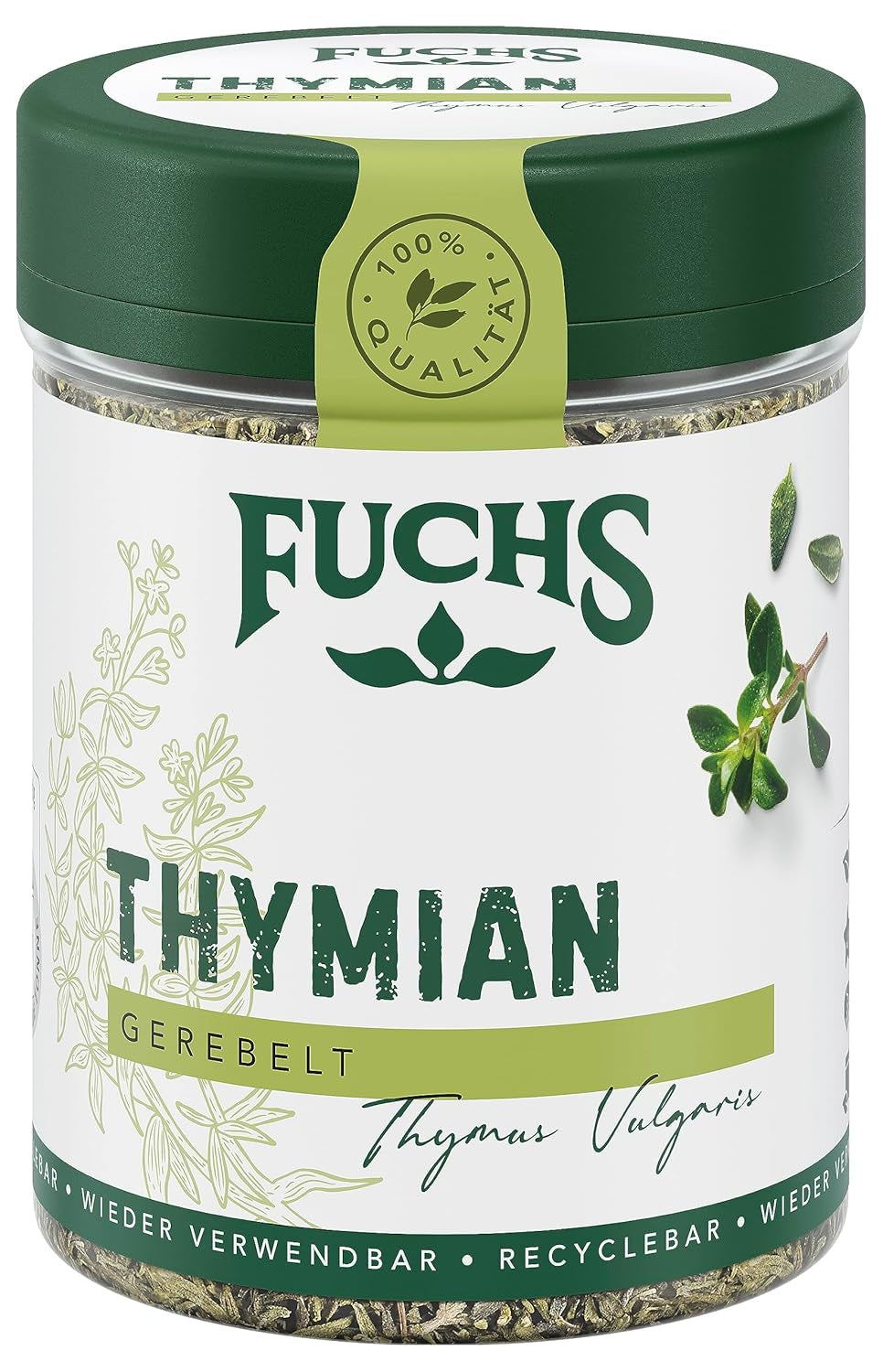 Fuchs Gewürze - Timian gerebelt - Mediterranean Kräuternote für Feta, Gemüse und Fleischgerichte - naturlige ingredienser - 20 g i wiederverwendbarer, genbrugsbarer Dosis