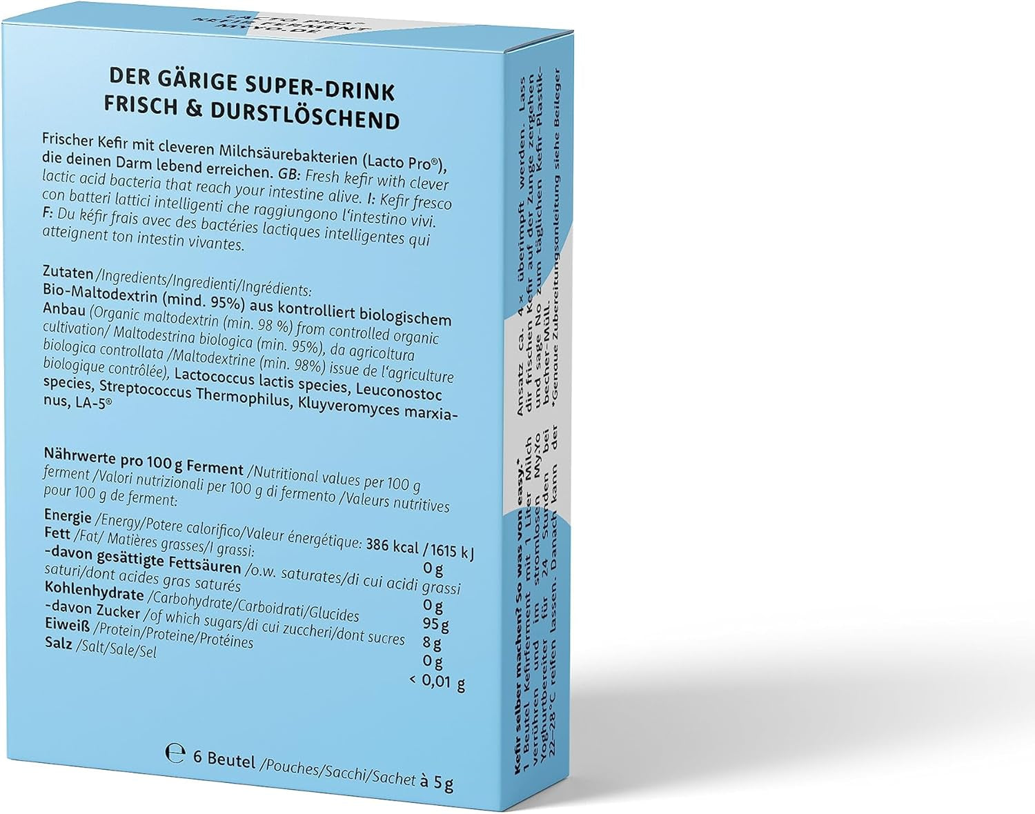 Bio Kefirferment Lacto Pro – 6x5 g – Starterkulturen für 30 L selbstgemachen Kefir – ohne Pilz – DE-ÖKO-013 certified