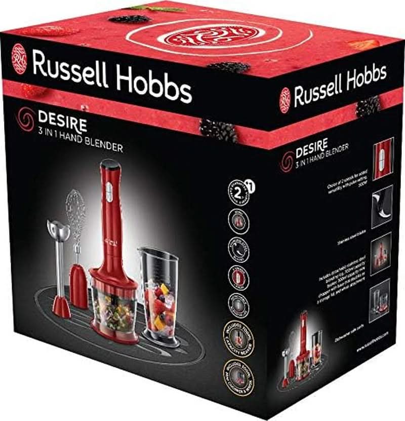 Russell Hobbs Stabmixer [3-i-1: Pürierstab/Zerkleinerer, Mixer- & Schneebesenaufsatz] Desire Rot (Bpa-Free & Spülmaschinenfestes Zubehör, Für Smoothie, Suppen Saucen, Joghurt Babynahrung) 24700-56 Kitchen Shop