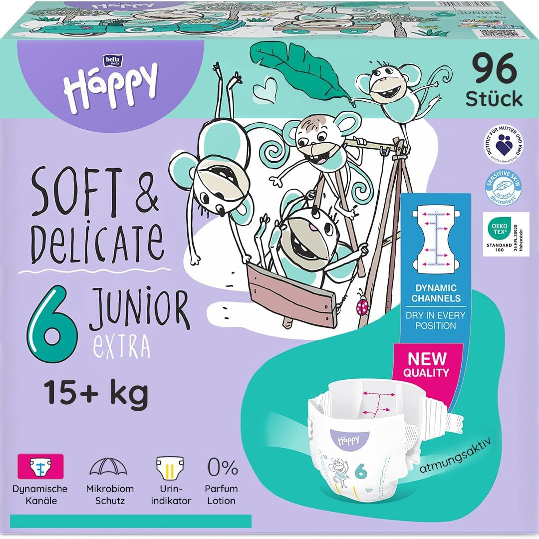 Bella Baby Happy Premium bleer, str. 6, Junior Extra, 15+ kg, 96 styk, DERMATEST og OEKO-TEX Seal, engangs babybleer