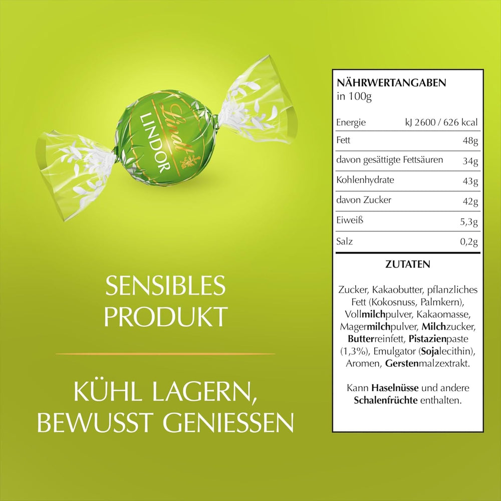 Lindt LINDOR Chokolade med Pistacie | 1 kg genlukkelig pose | ca. 80 mælkechokoladekugler med smeltet pistacie-cremefyld i munden | Bulkpakke, pralinegave