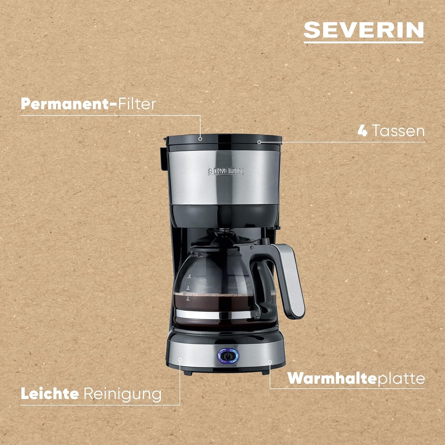 Espressor compact SEVERIN, cafea aromată cu aparatul de cafea pentru până la 4 cești, espressor cu filtru și filtru oscilant permanent, oțel inoxidabil/negru, KA 4808