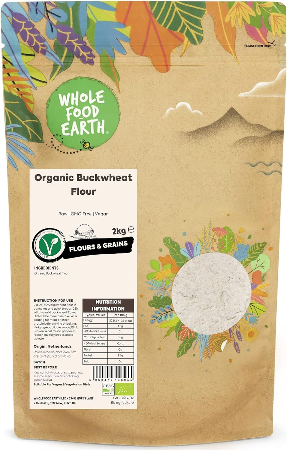 Wholefood Jord økologisk boghvedemel 1kg | Grusom | Ikke-GMO | Vegansk | Certificeret økologisk