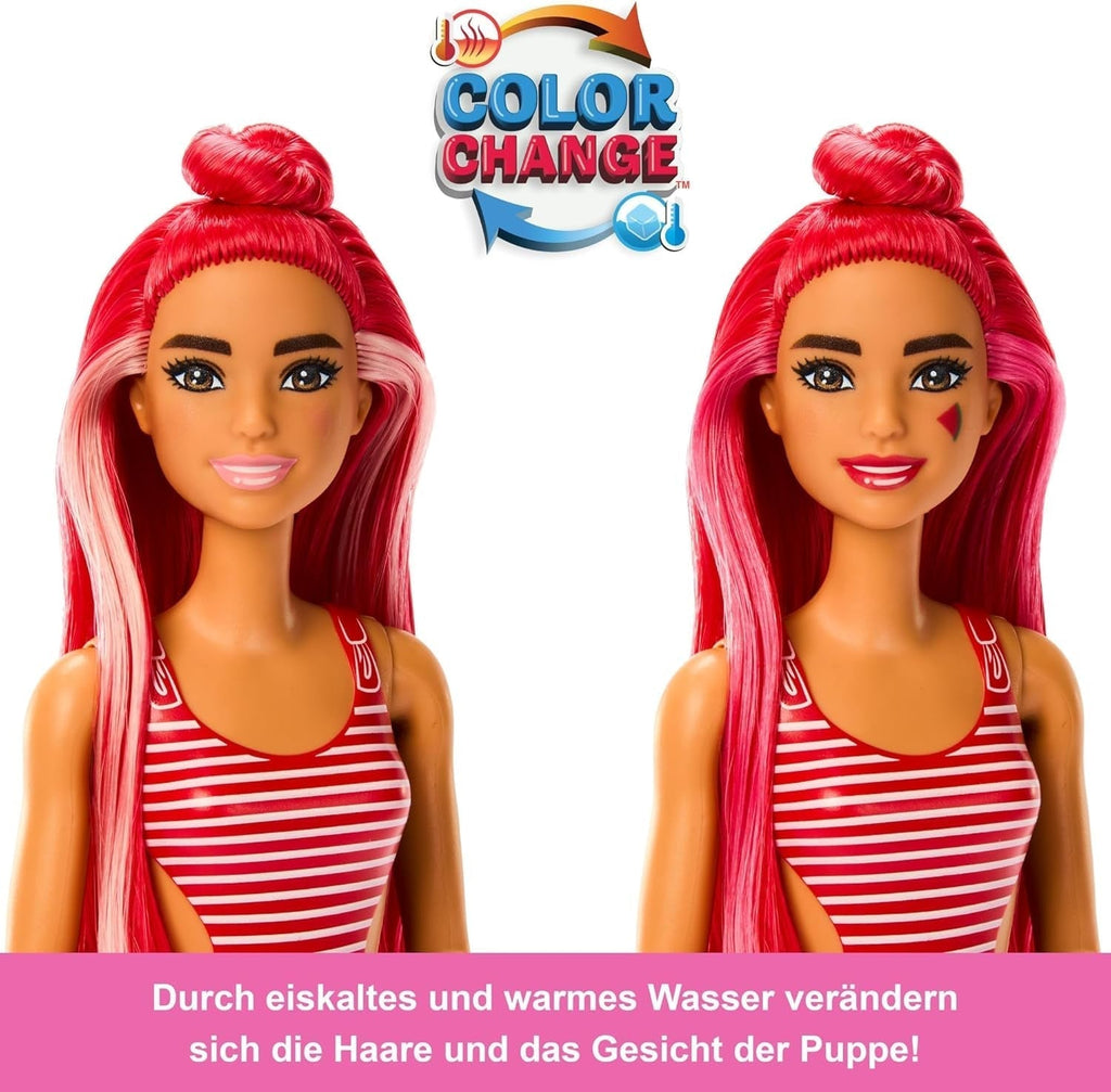Barbie Pop Reveal Fruit - păpușă cu păr roșcat în aromă de pepene roșu, 8 surprize, fată squishy parfumată, păr și machiaj care își schimbă culoarea, pentru copii de la 3 ani, HNW43 Papusi Naty Shop