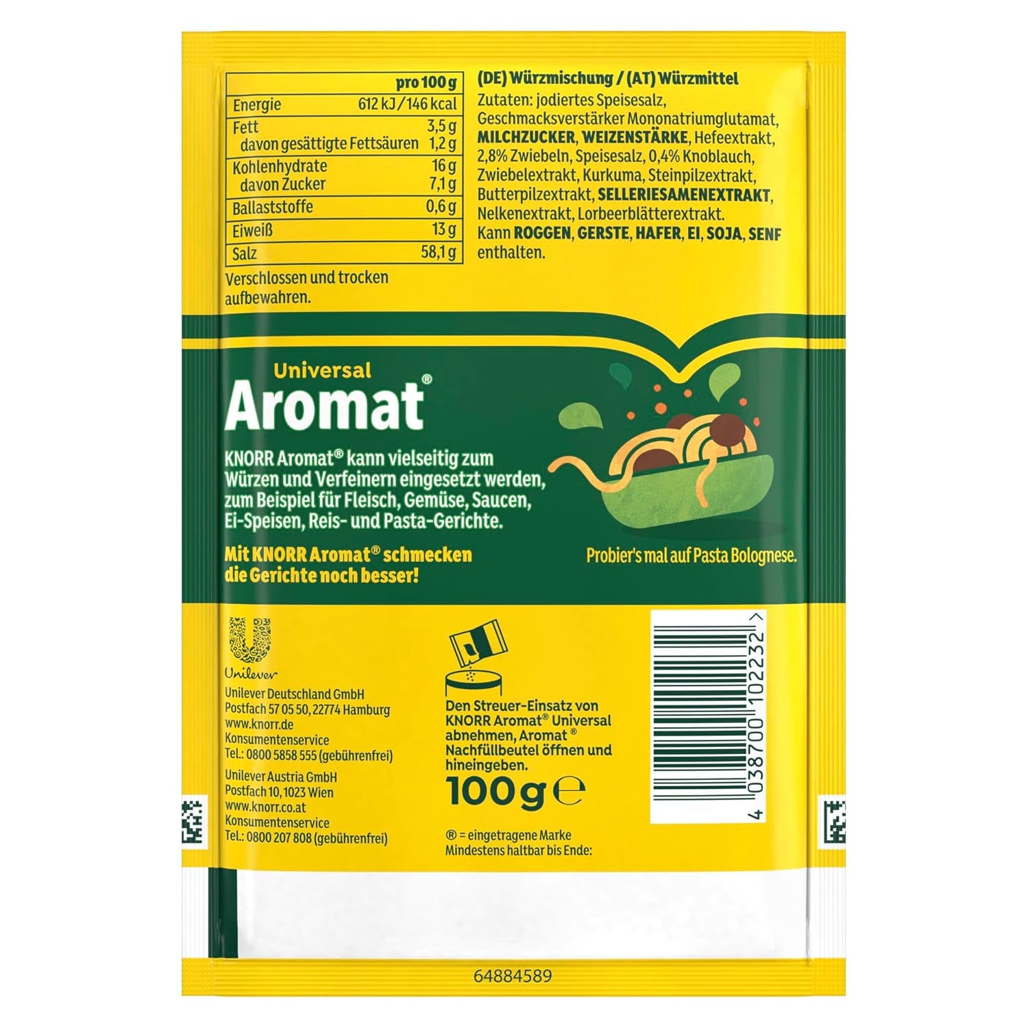 Knorr Würzmittel Nachfüllpackung Aromat Gewürzmischung zum Verfeinern von Speisen für hurtige Gerichte 100 g 1 Stück