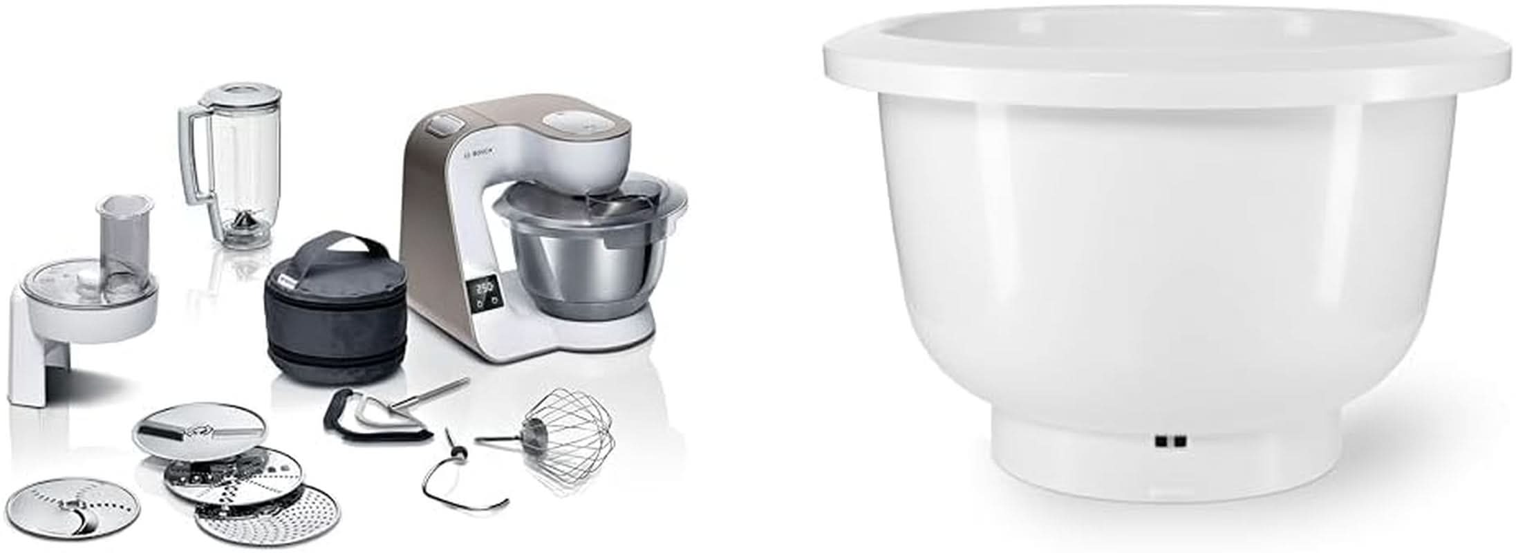 Bosch Series 4 MUM5X720 foodprocessor, integreret vægt, skål i rustfrit stål 3,9L, røremaskine 1,25L, 1000W Tilbehør Mad og Amning Baby Naty Shop Pakke med røreskål Champagne Hvid 2 tilbehør