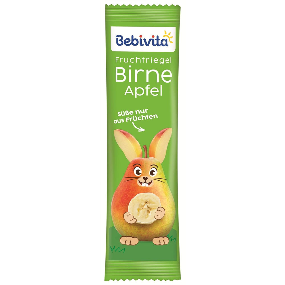 Pære-æble frugtbarer (20 x 25 g), kun sødet med frugt, perfekt snack mellem måltiderne, tilberedt af strengt kontrollerede og udvalgte ingredienser.