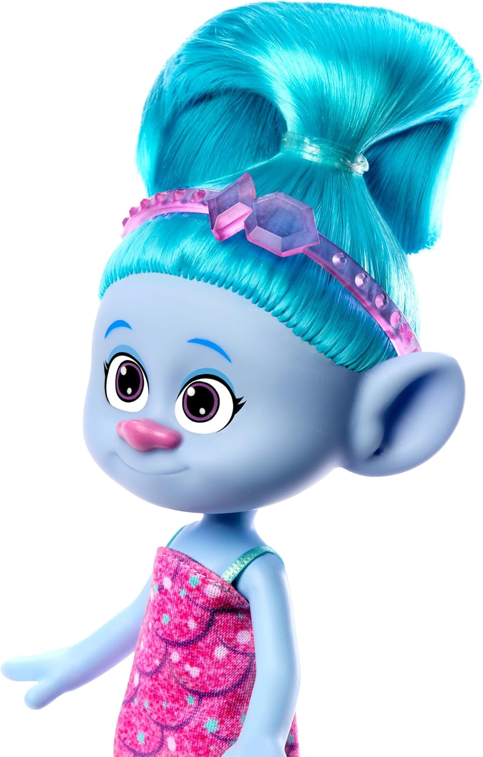 Mattel DREAMWORKS TROLLS Gemeinsam Stark – Haarige Überraschungen Chenille Puppe mit Lechtend blauem Haar zum Stylen, lila Stirnband, für Kinder ab 3 Jahren, HNF15