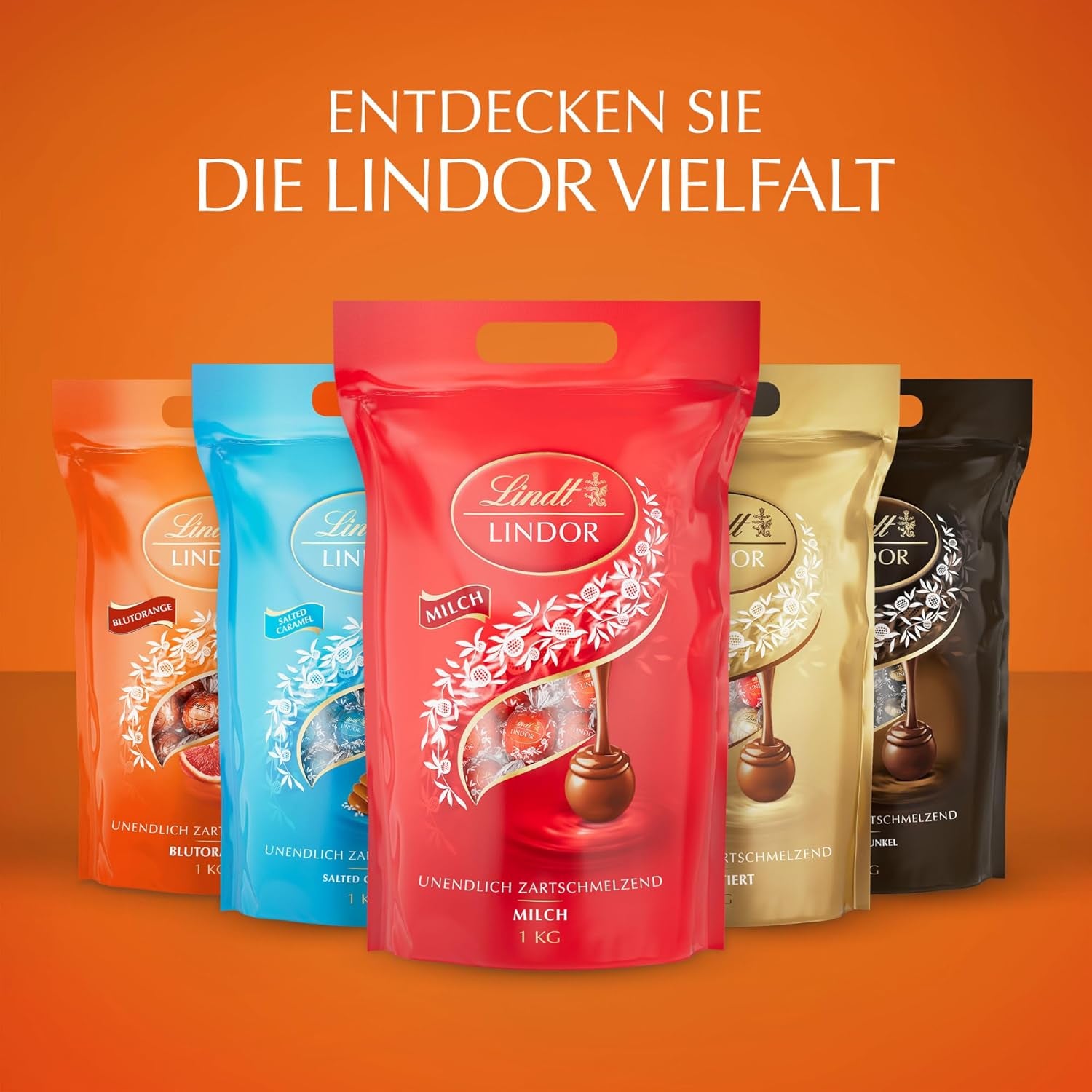 Lindt LINDOR Rød Orange Chokoladekugler | 1 kg genlukkelig pose | ca. 80 chokoladebolsjer med smelte-i-mund-fyld | Bulkpakke, chokoladegave