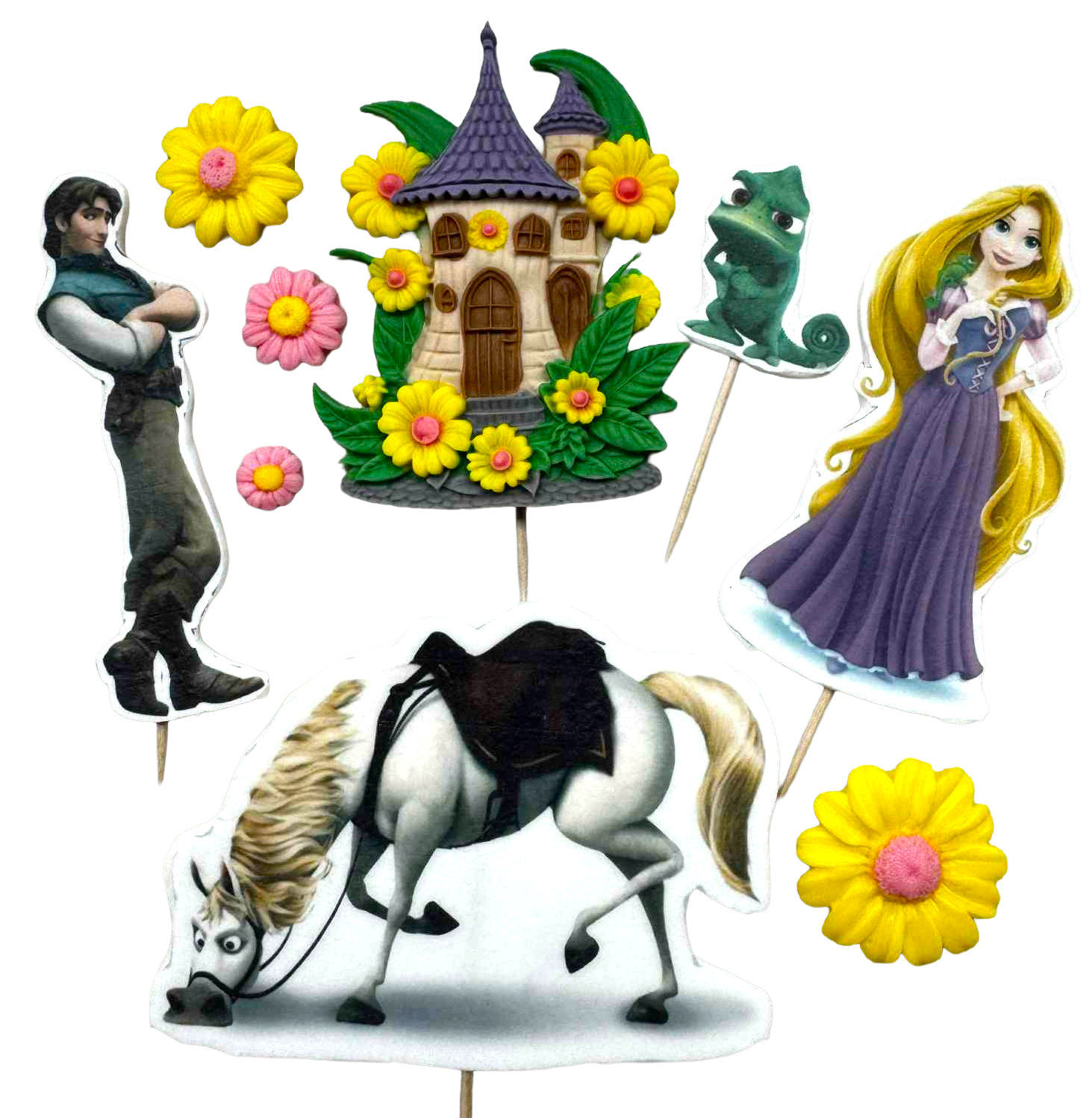 Rapunzel – Sæt med 9 spiselige dekorationer af sukkerpasta, figurer 1–10 cm til kager
