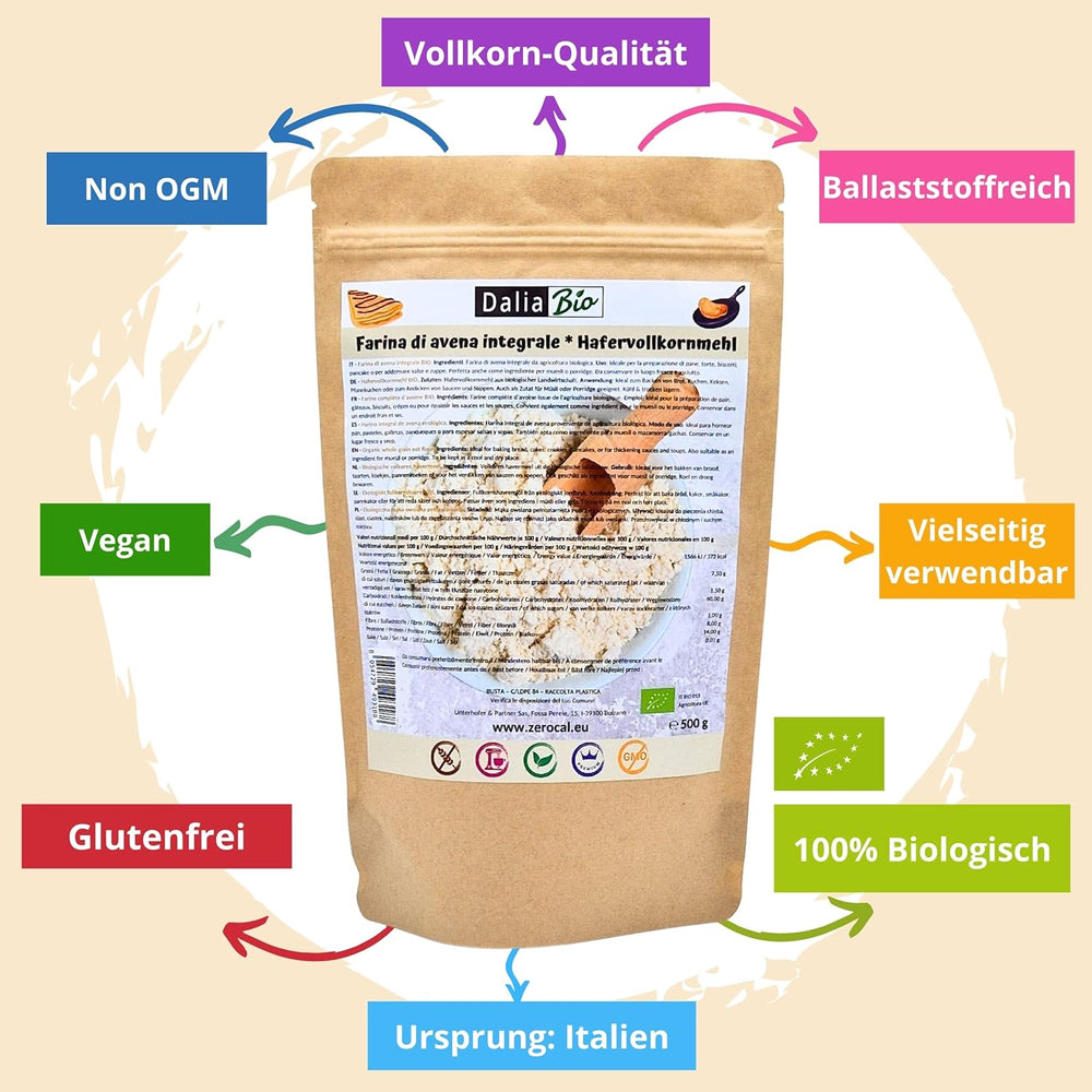 Dalia - Økologisk hel havremel 500g | Glutenfri | Rig på fibre og protein Oprindelse: Italien | Til brød, kager, grød og fitnessopskrifter | Premium kvalitet