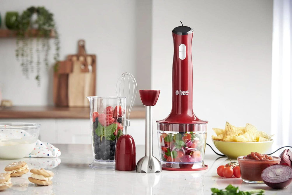 Russell Hobbs Stabmixer [3-i-1: Pürierstab/Zerkleinerer, Mixer- & Schneebesenaufsatz] Desire Rot (Bpa-Free & Spülmaschinenfestes Zubehör, Für Smoothie, Suppen Saucen, Joghurt Babynahrung) 24700-56 Kitchen Shop