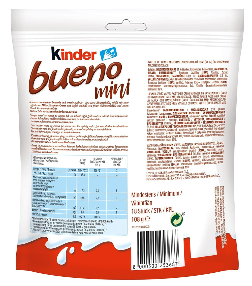 Kinder Bueno Mini - Crunchy Wafer chokoladebarer, mælkecreme og hasselnødder og fin mælkechokolade - Karnevalsgodbidder - 1 pose mini individuelt indpakkede stænger (1 x 108 g)