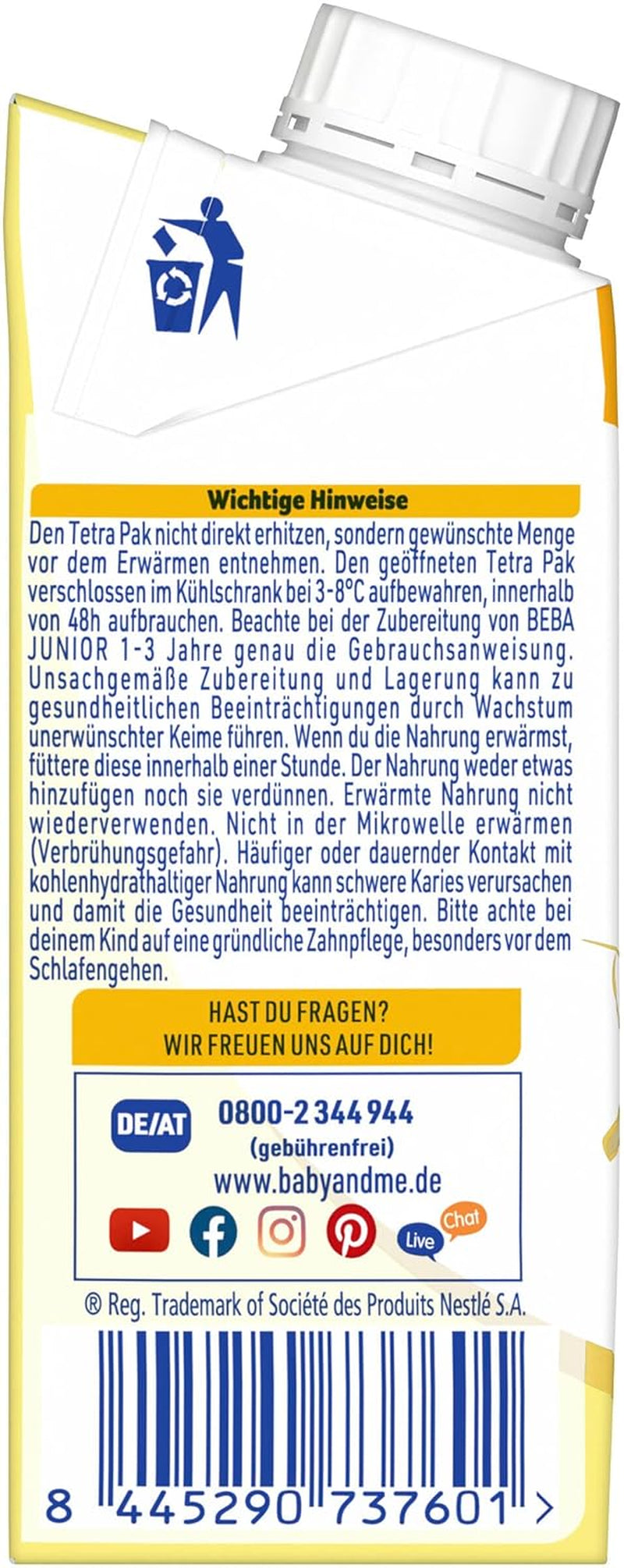 BEBA Junior drikkeklar mælkedrik 1-3 år, med HMO, aldersegnet proteinindhold, palmeoliefri, fiskeoliefri, småbørnsmad, pakke med 6 (6 x 200 ml)