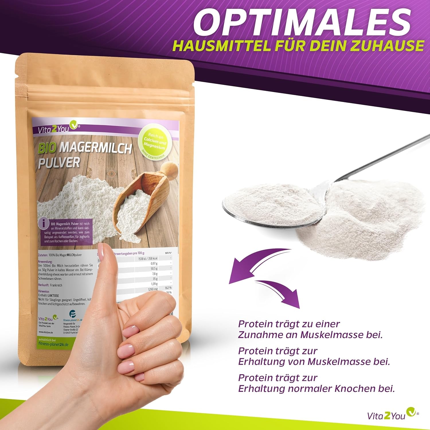 Vita2You Bio Skummetmælkspulver 1000g - 100% Bio Qualität - til bagning - Kaffeeweißer - Milchpulver für Joghurts - 1 kg - Premium Qualität