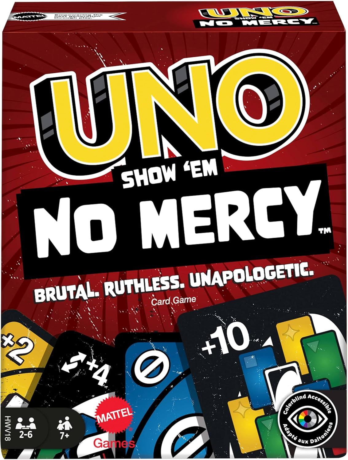 Mattel UNO Show 'em No Mercy - 56 ekstra kort, udfordrende actionkort og brutale spilleregler for den mest nådesløse version, stabelregel og håndudveksling, alder 7+, HWV18