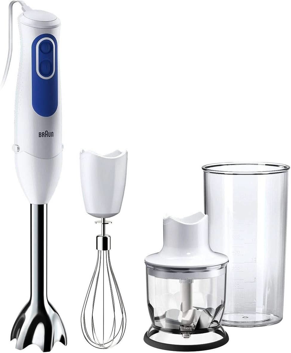 Braun Multiquick 3 MQ 3000 Smoothie+ Stabmixer – Pürierstab Mit 2 Geschwindigkeiten, Powerbell plus Und Splashcontrol-Technologie, 700 Watt, Inkl. 600 Ml Mix- & Messbecher, Blau/Weiß Kitchen Naty Shop Mq3025 Omelet