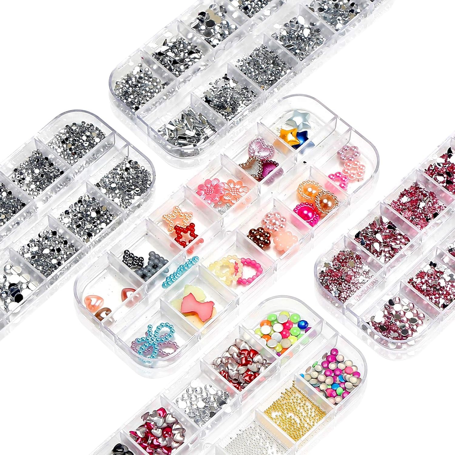 10 cutii kit de strasuri pentru unghii, accesorii multifuncționale cu 1 pensetă, diamante decorative, cristale, perle, pietre prețioase, colorate, amestecate, ochi de cal, pietre metalice, pentru decorarea unghiilor DIY
