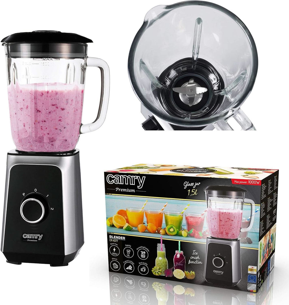 CR 4077 Standmixer Mit 1.5L Glasbeholdere, Smoothie Maker, Hochleistungsmixer, Mahlung, Eis-Zerkleinerung, Pulsfunktion, Edelstahlklingen, 2 Geschwindigkeiten, 1000W, Schwarz/Silber Kitchen Naty Shop