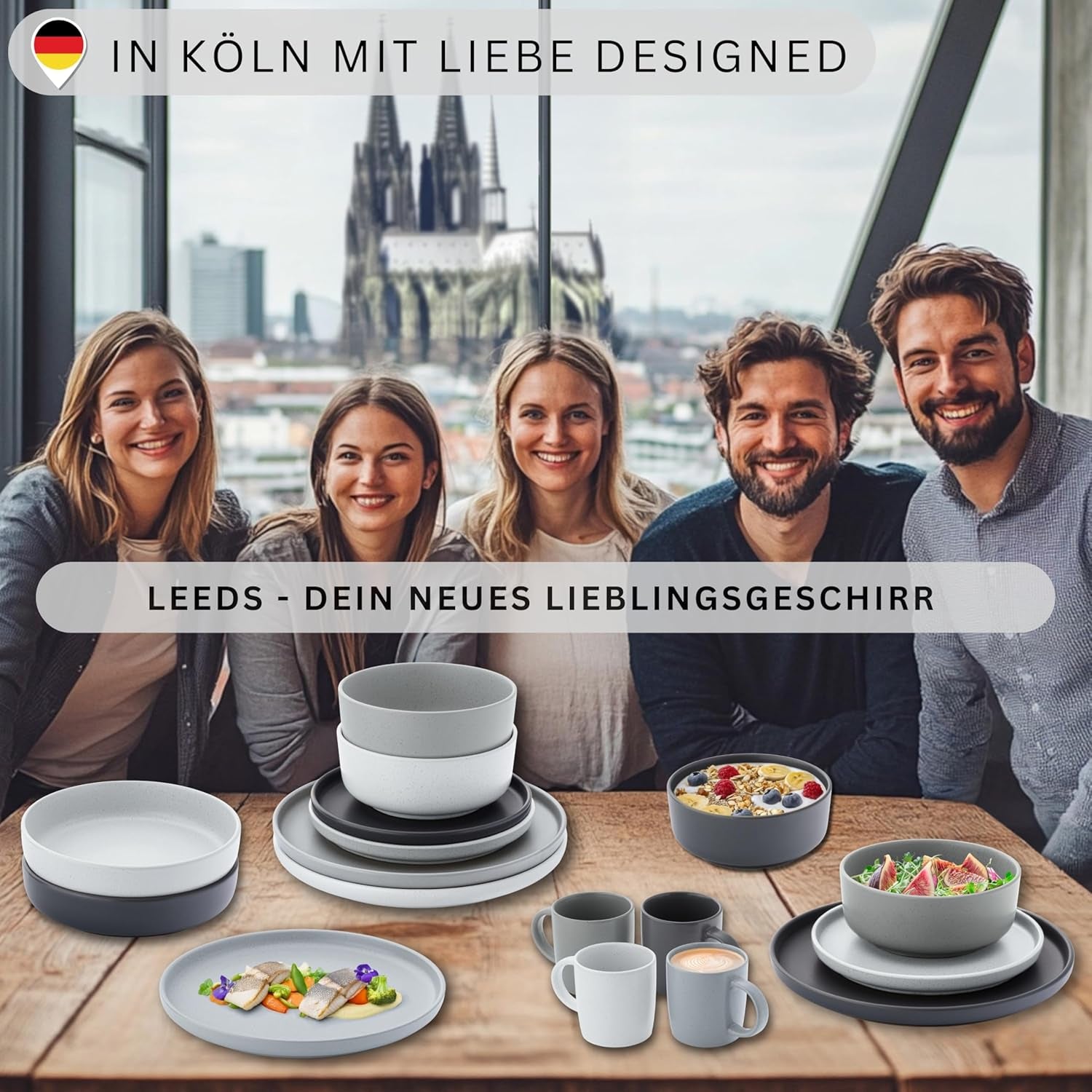 SÄNGER Leeds | Set de veselă din gresie, format din 12 piese, set de farfurii pentru 4 persoane, set de farfurii pentru cină (4 farfurii de cină, 4 farfurii de desert, 4 boluri), veselă colorată, rezistentă la zgârieturi | COLECȚIA VALUE