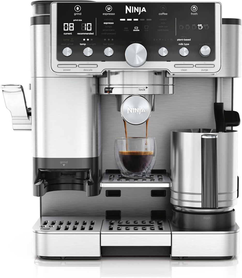 Aparat de cafea Ninja Luxe Pro 3 în 1 cu râșniță și spumator pentru latte, cappuccino, Cold Brew și espresso, ușor de utilizat, 5 presetări pentru spumator, argintiu, ES701EU