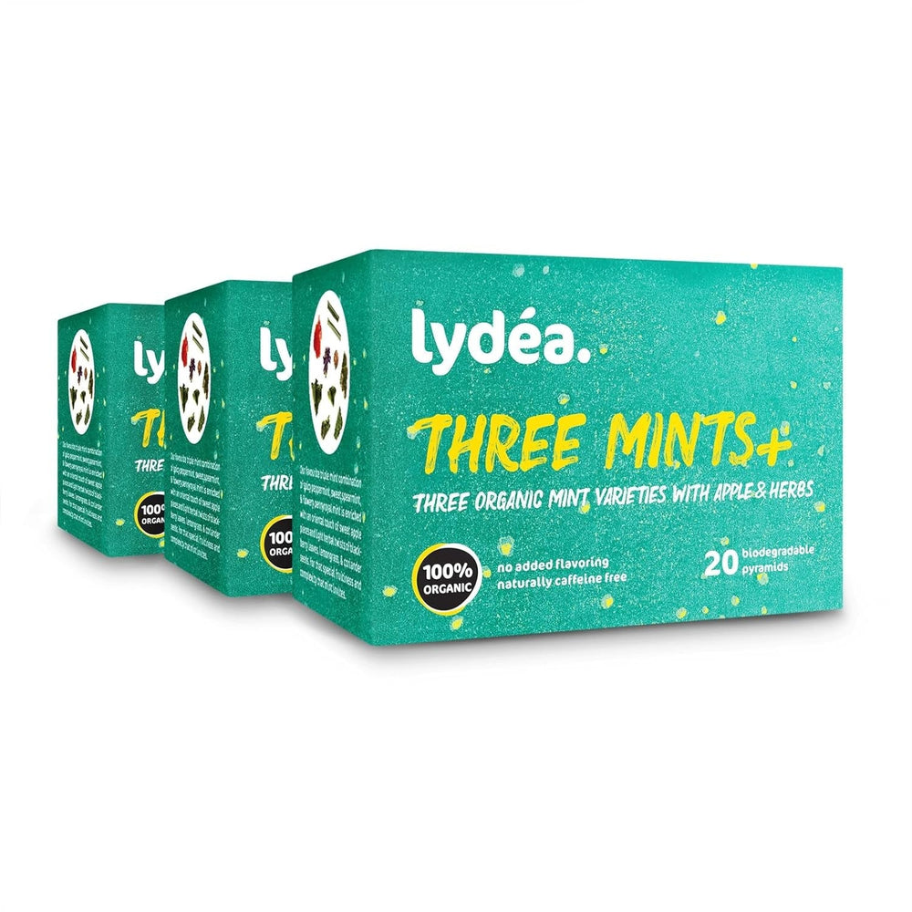 Lydea Three Mints+, ceai organic din plante cu trei sortimente de mentă, mere și plante, 60 piramide, pachet de 3 [3 x 20 piramide]