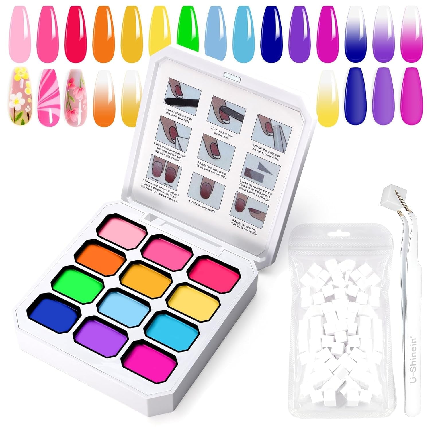 Gradient Painting Gel, 12 Colors Ombre Gel Nail Polish with 100Pcs Nail Sponges & 4 Claws Metal Grabber for French Manicure DIY Nail Art,Set I