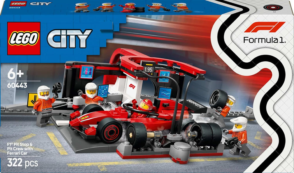LEGO City F1 Pit Stop med Team og Ferrari Speedster - Formel 1 Pit Stop Sæt med 1 racerkører og 4 mekaniske minifigurer - Racerbillegetøj til drenge og piger 6+ - 60443 Byggesæt Beuche den LEGO-Store