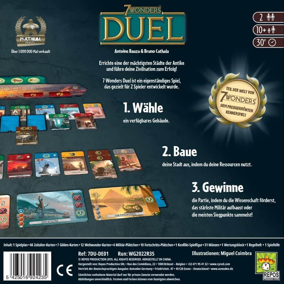 Asmodee 7 Wonders Duel, Core Game, Connoisseur Game, Strategi Game, 2 Players, Ages 10+, 30 Minutes, German