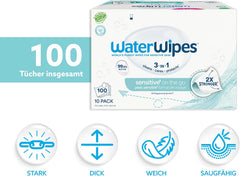 WaterWipes Sensitive+ On The Go Wet Wipes, 100 Wipes (10 Pack), 3 i 1 Renser, Plejer, Beskytter, 99,9% Vand, Duftfri Wipes