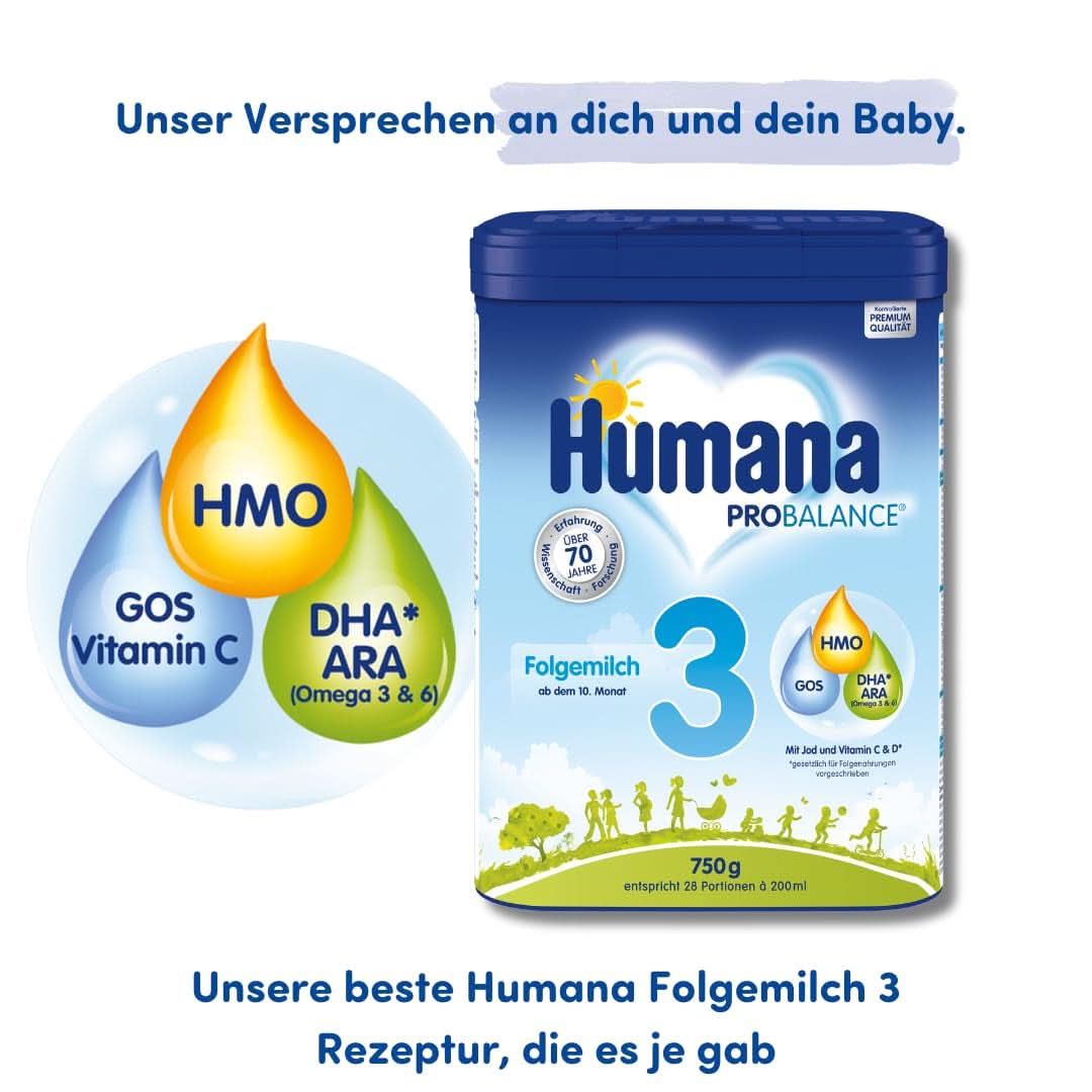 Humana PROBALANCE tilskudsmælk 3, fra 10. måned, mad til babyer efter amning, startmad eller tilskudsmælk 2, ideel til supplerende fodring, 750 g Mother and Child Naty Shop