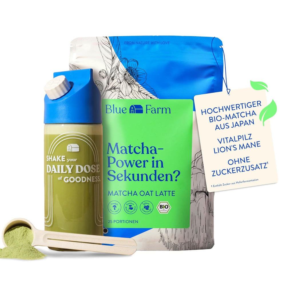 Blue Farm Bio Matcha Oat Latte auf Haferbasis ohne Zuckerzusatz - Mit dem Vitalpilz Lion's Mane - Vegansk - laktosefri og glutenfri (300 g, Matcha)