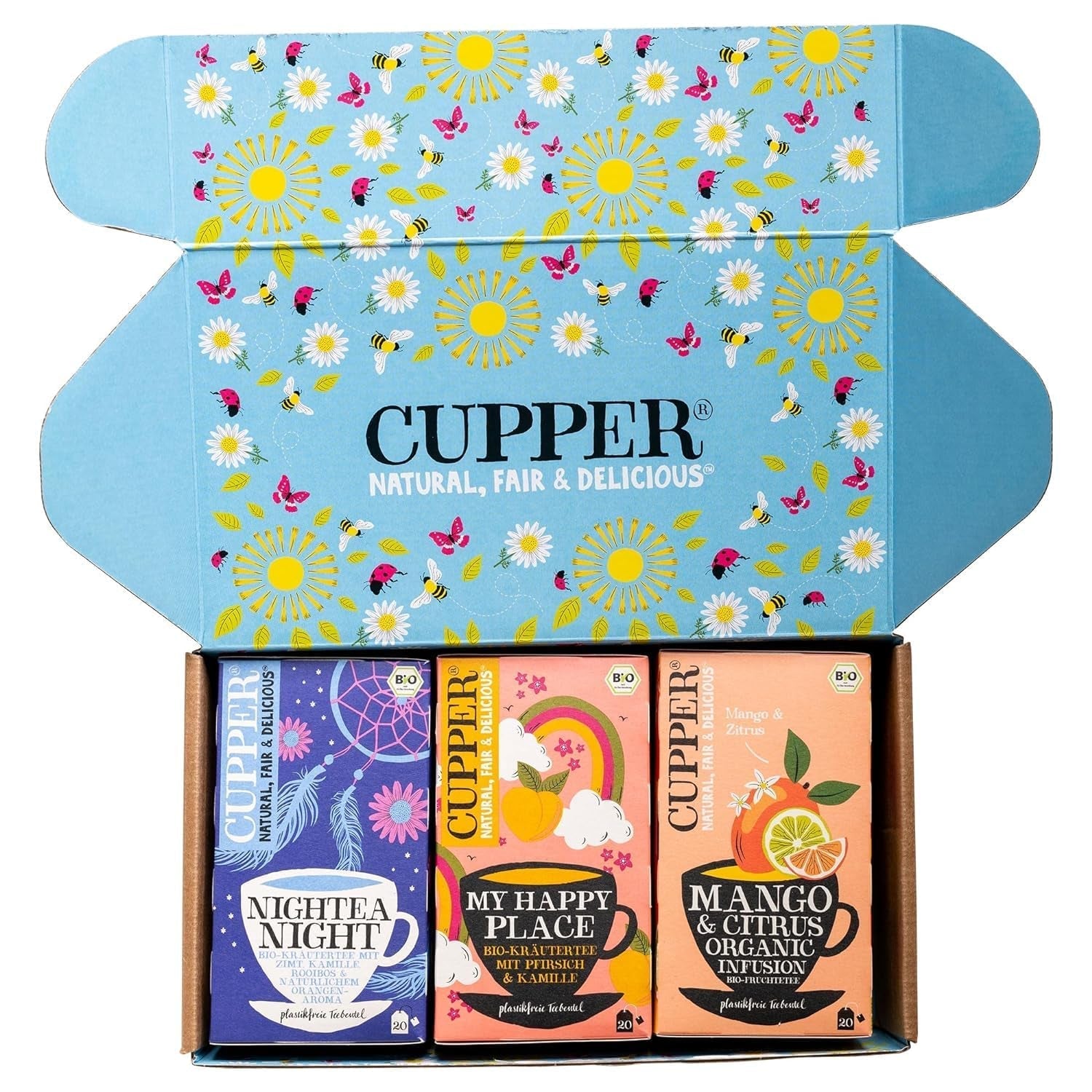 Set de ceaiuri bio Cupper „Fruity”, set cadou de ceaiuri, ceaiuri din fructe, trei sortimente diferite, 60 pliculețe de ceai nealbite, fără plastic, pachet de 3