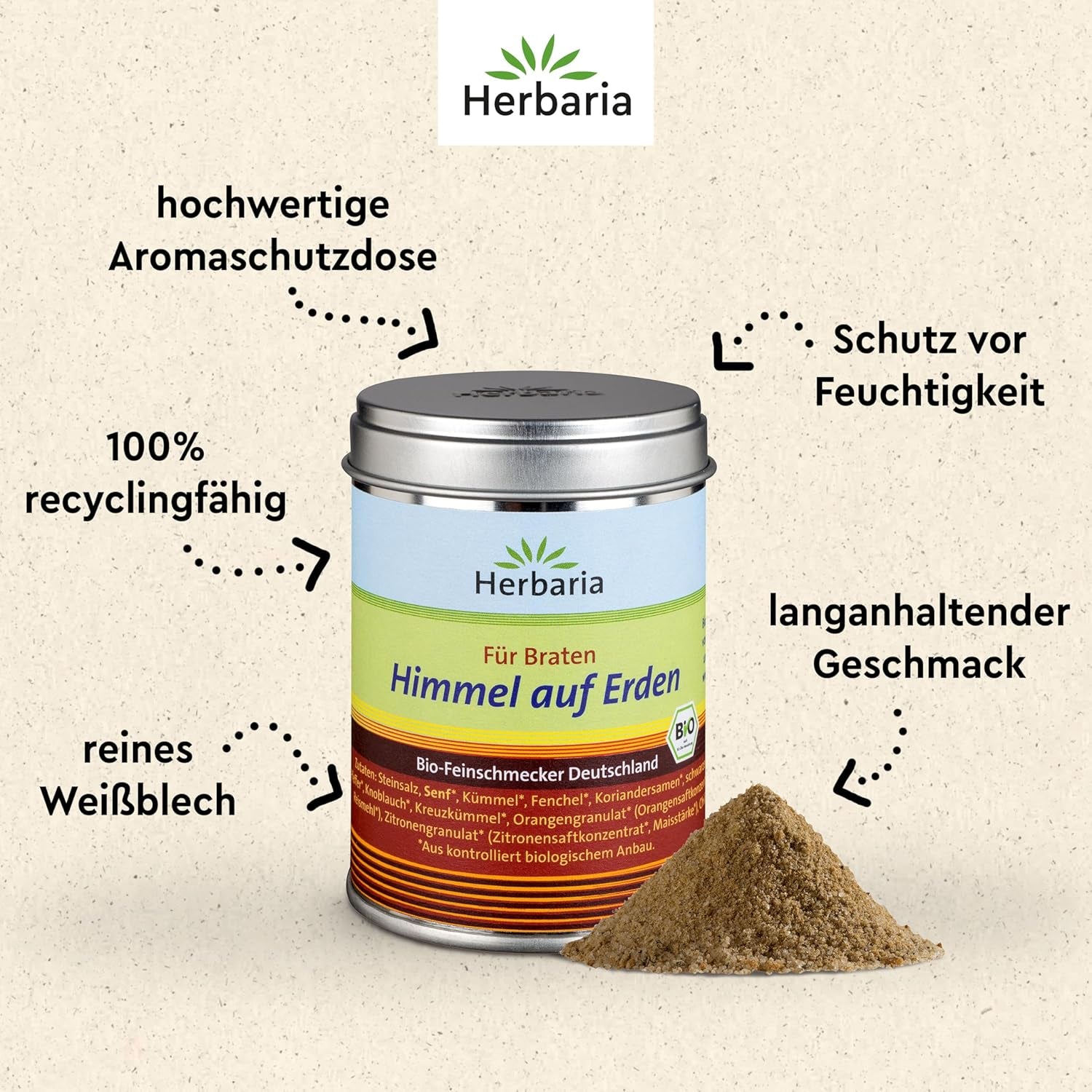 Herbaria Himmel auf Erden bio 100g M-Dose – fertiges Bio-Gewürzsalz für Rind-, Kalb- og Schweinefleisch als Braten eller Kurzgebratenes – i nachhaltiger Aromaschutz-Dose