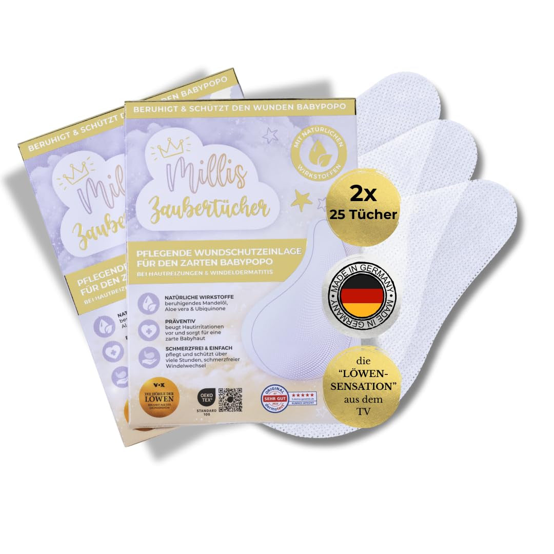 Millis Zaubertücher hos Windeldermatitis Baby, Bekannt aus "Die Höhle der Löwen", 25 Tücher (1 x 25er) mit Aloe Vera, Mandelöl & Q10 - Pflegt, Schützt & dient als Wundschutz bei gereizter Haut