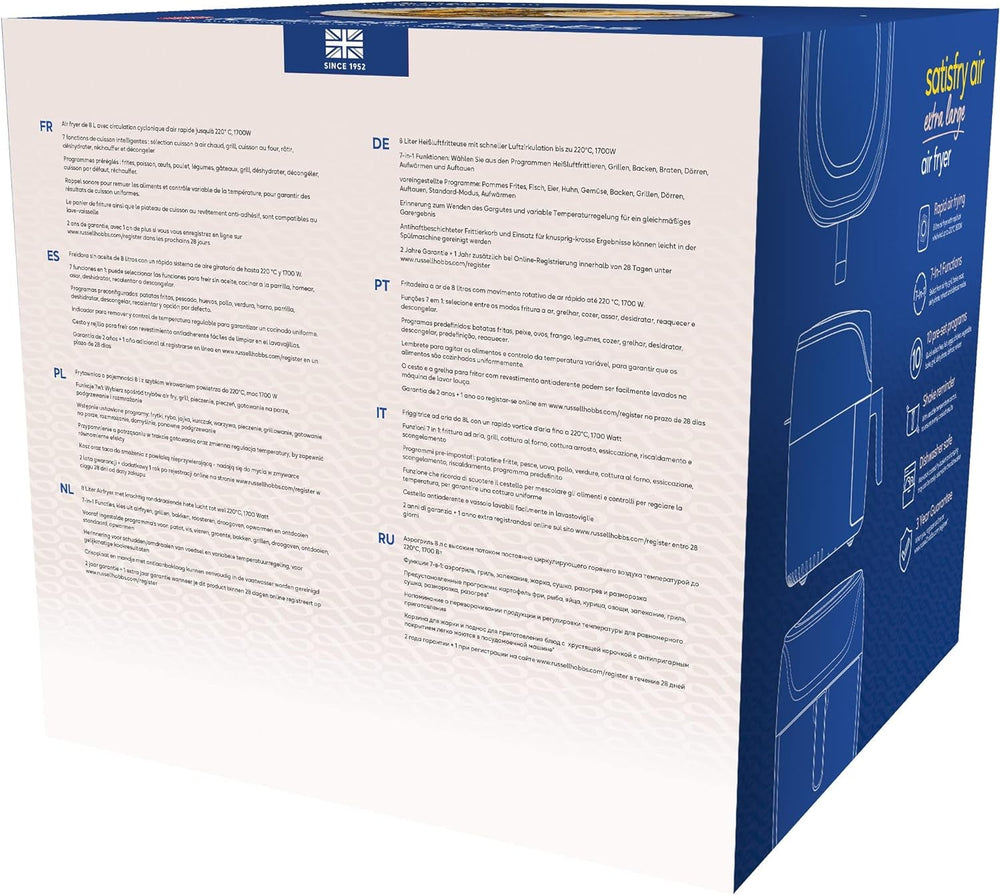 Russell Hobbs Heißluftfritteuse XXL 8L Rapid Airfryer [Kompaktes Gehäuse,7 Kochfunktionen,10 Program] Satisfry (Spülmaschinenfest, Max 220°C, Fritteuse Ohne Oel, Grillen, Backen, Braten) 27170-56 Naty Shop