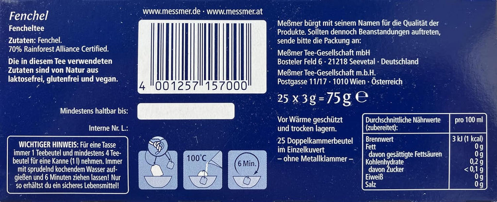 Meßmer Fenchel | 25 | Pliculețe de ceai | Vegan | Fără gluten | Fără lactoză, 75 g