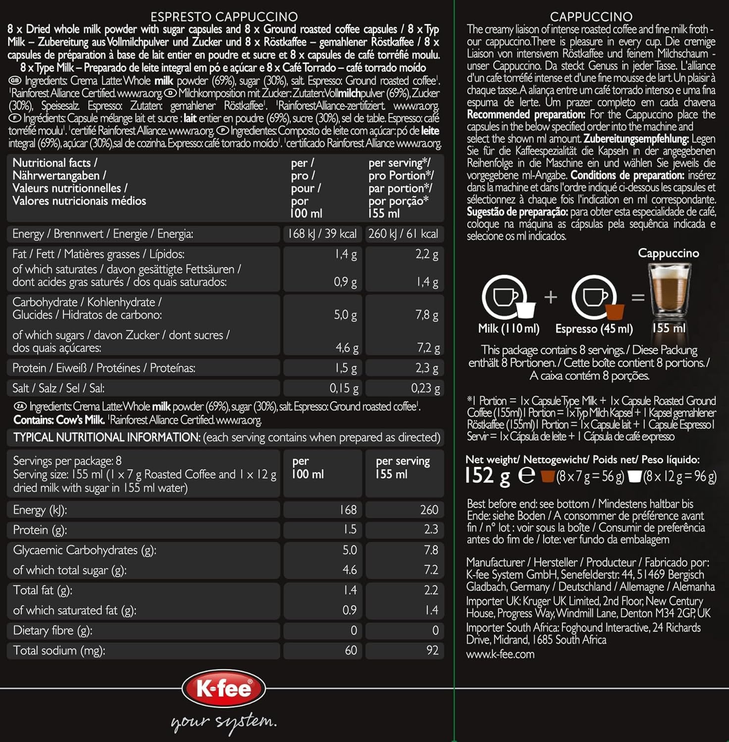 ESPRESTO Cappuccino, kompatibel mit K-fee & ALDI EXPRESSI*, RFA zertifiziert, 48 Kaffee-Kapseln & 48 Milch-Kapseln