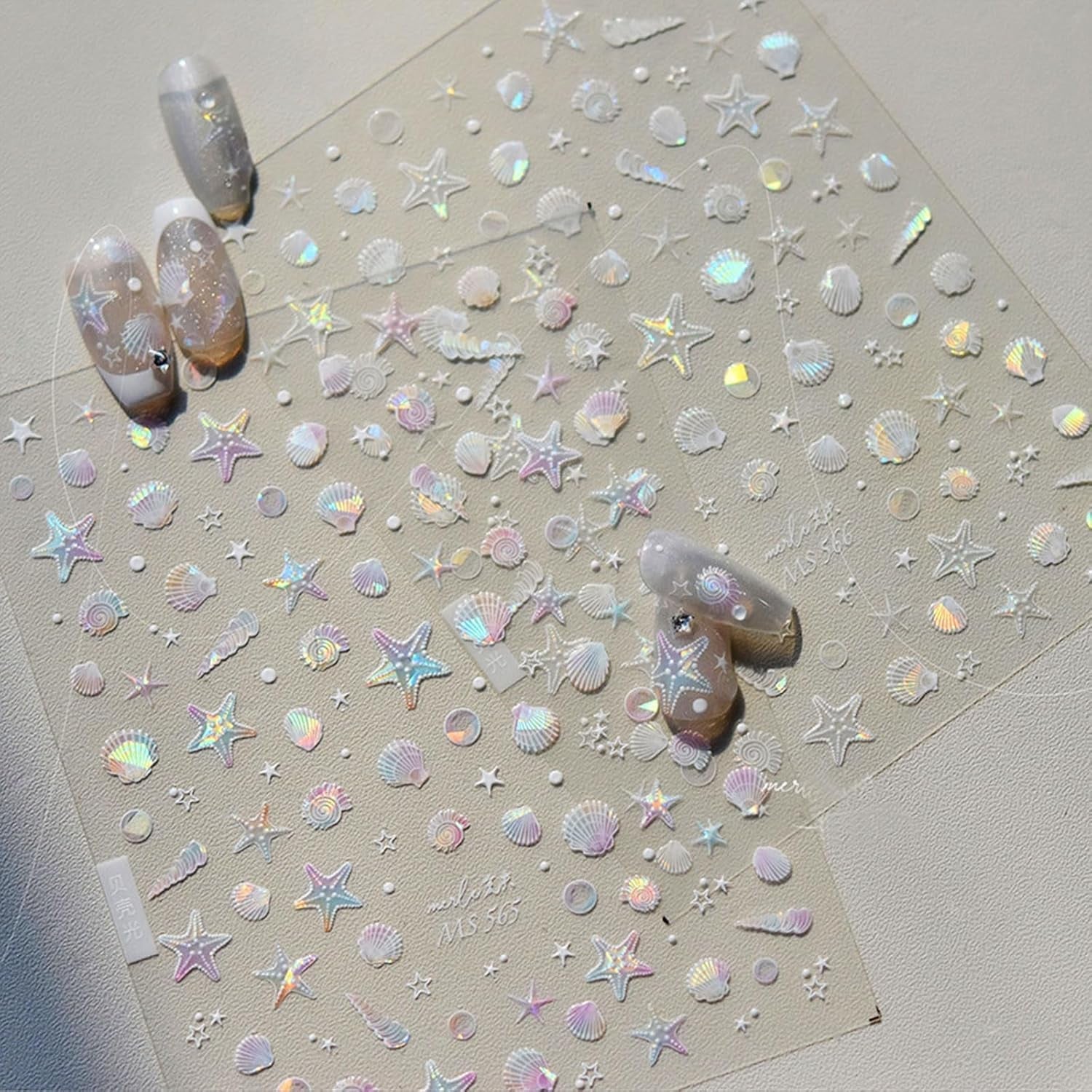 JMEOWIO 3D Nagelsticker Aurora Muschel Seestern Nail Art Sticker Selbstklebend Nagelaufkleber 5D Stereoskopisch Ozean Thema Dekoration Nageldesign Zubehör 1 Blatt