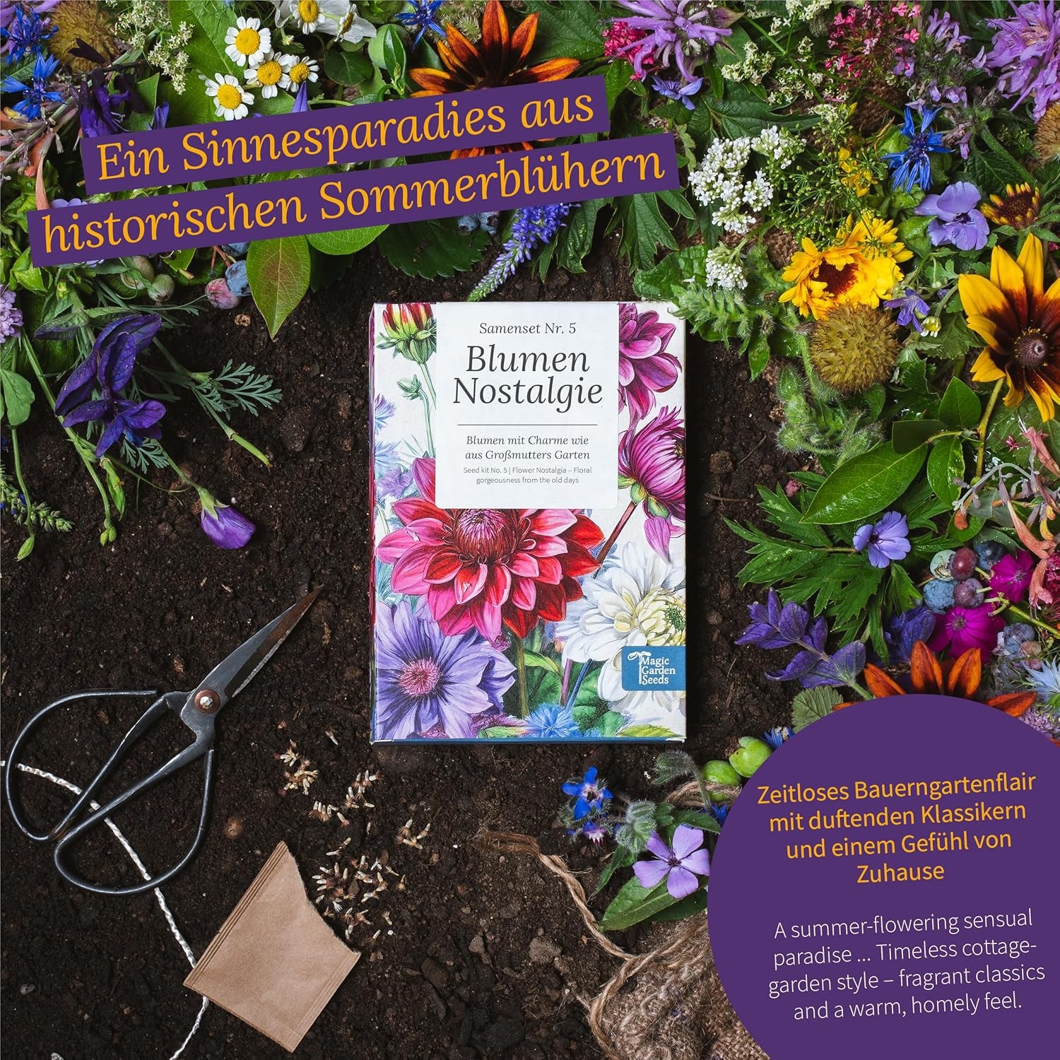 Magic Garden Seeds - Flower Nostalgia Frøsæt - 9 traditionelle sommerblomster i rustik havestil - Duftende, farverig og nostalgisk - Gaveidé til haveelskere