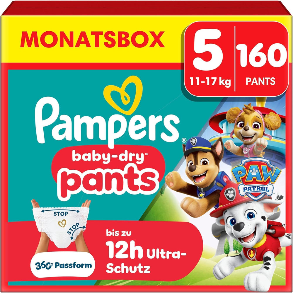 Pampers Baby Dry Pants Diaper Patrol Puppy Edition, str. 5, 160 bleer, 11 kg - 17 kg, 360° justering med stop og beskyttelsessystem
