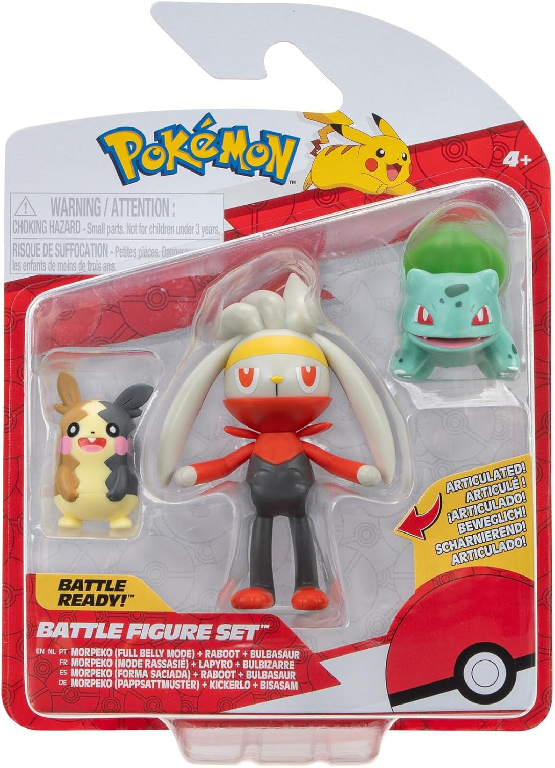 Pokémon PKW3057 Set de figuri de luptă-Piepi, Tanhel, Lauchzelot Action figures Naty Shop Morpeko, Bisasam, Kickerlo