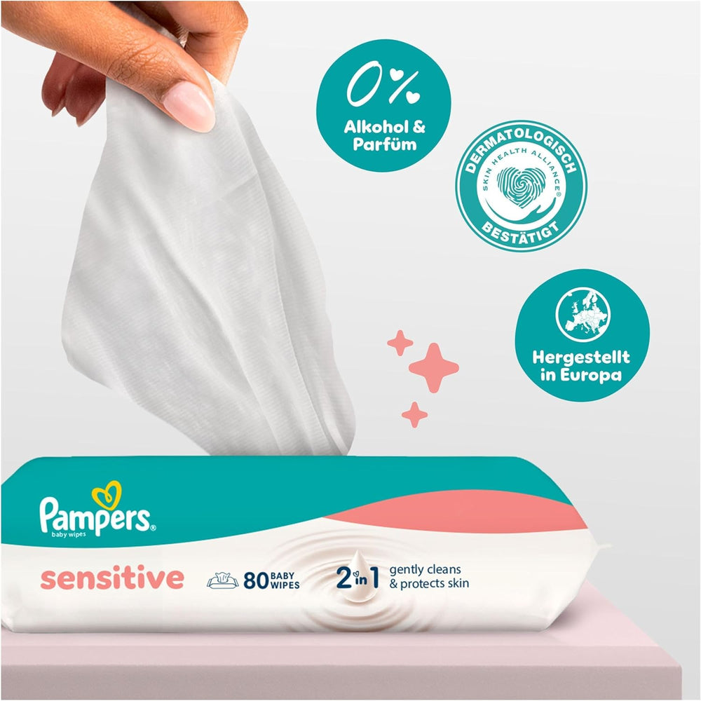 Pampers Sensitive babyservietter, 15 pakke med 80 servietter, 1200 babyservietter, 2-i-1 skånsom rensning og hudbeskyttelse