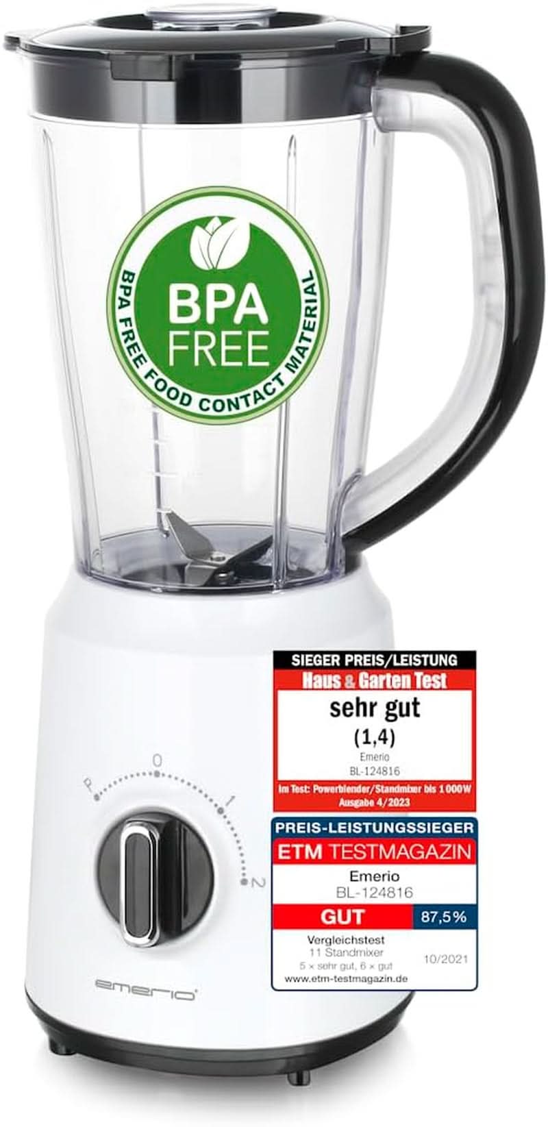 Emerio Standmixer BPA Frei Crush Ice Funktion 1.5L Beholder 2 Geschwindigkeiten + Pulse Funktion Messereinheit Aus Edelstahl Sicherheitsschalter Geschirrspülgeeignet 500 Watt BL-12816.8 Schwarz Bucatarie Naty Shop Weiß