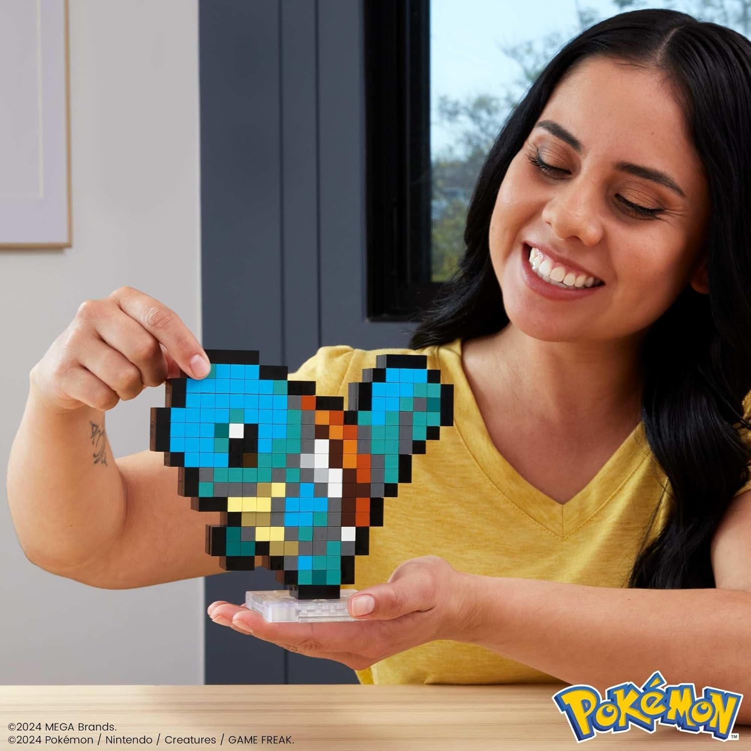 MEGA Pokémon Schiggy - sammenbygget figur i retro-look, Pixel Art, 15 cm stor, inklusive Basis zur Wallmontage, for Erwachsen og erfahren Sammler, HTH77