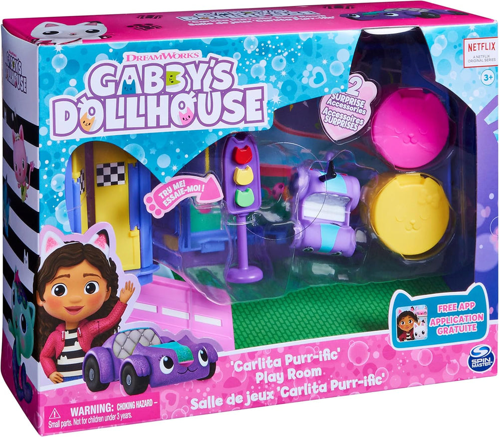 Gabby's Dollhouse Deluxe-værelse, Purr-Ific-legerum, legerum med Carlita-legetøjsbil, 2 møbler og 2 overraskelsesæsker med tilbehør, egnet til 3 år og opefter Naty Shop dukkehuse