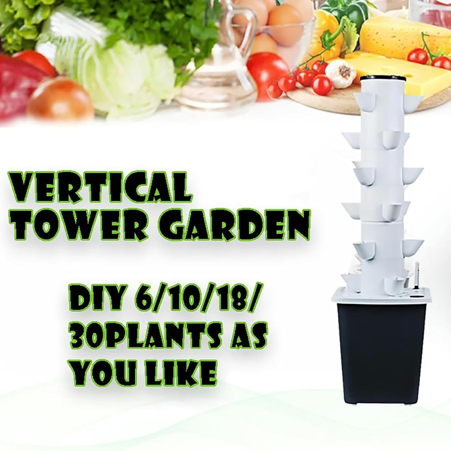 30 Kapsler Hydroponic Tower, Hydroponic Grow System, Urter, Frugt & Grøntsager Aeroponic Grow Kit med befugtningspumpe, Adapter, Mesh Pot, Urter, Frugt & Grøntsager Timer