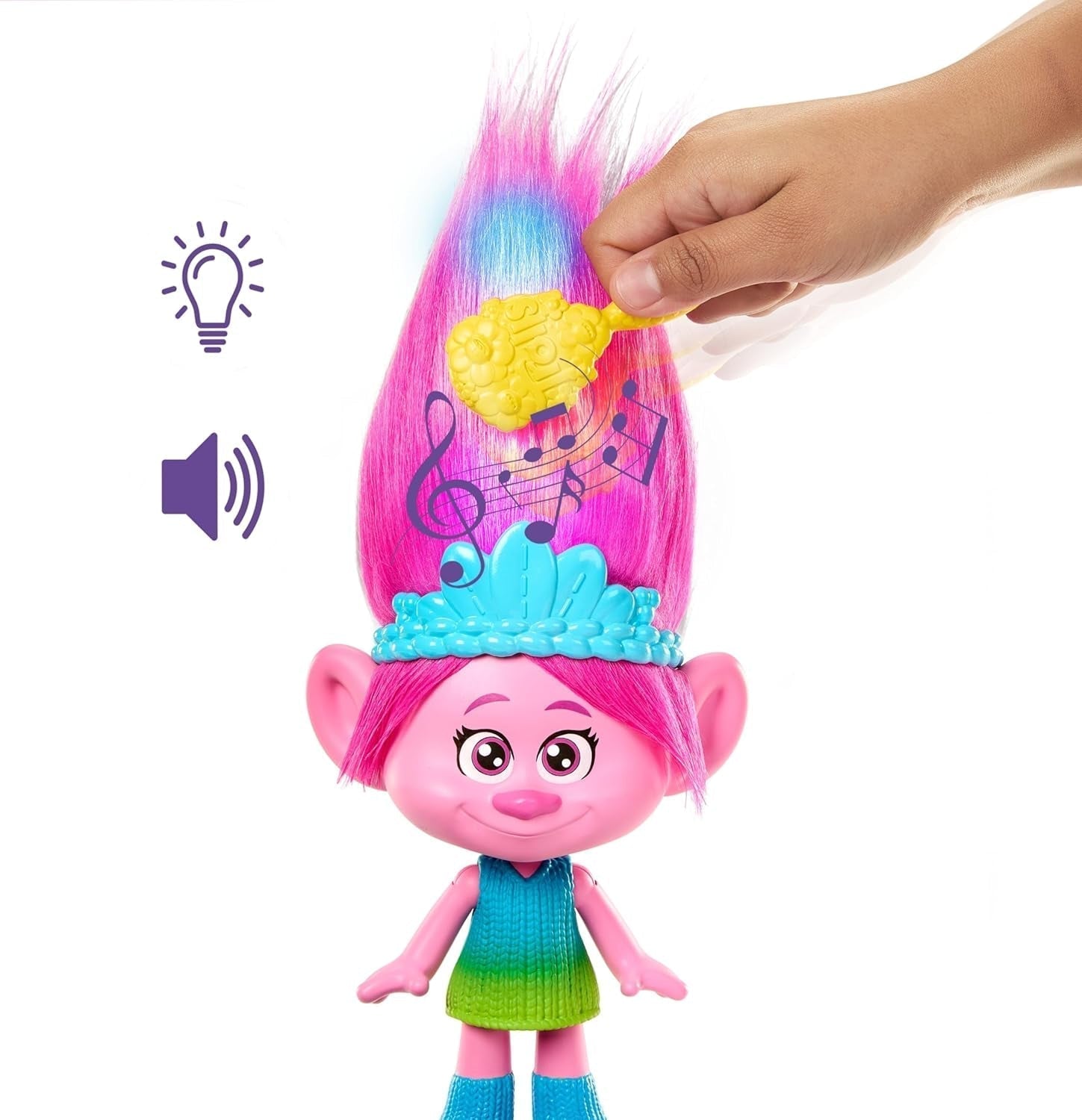 Mattel DREAMWORKS TROLLS Rainbow Hairtunes Poppy Doll - lumină și sunet, păr luminos, muzică și scaune, coroană detașabilă, pentru copii cu vârsta peste 3 ani, HNF20 Papusi Naty Shop