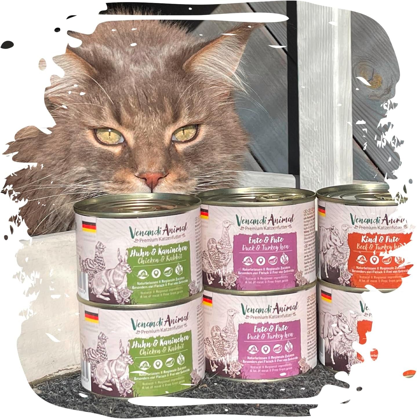 Venandi Animal Premium Hrană umedă pentru pisici, Tasting Pack III, pui, curcan, vită, pui + iepure, vițel, curcan, 6 X 200 G, fără cereale și naturală, 1.2 Kg